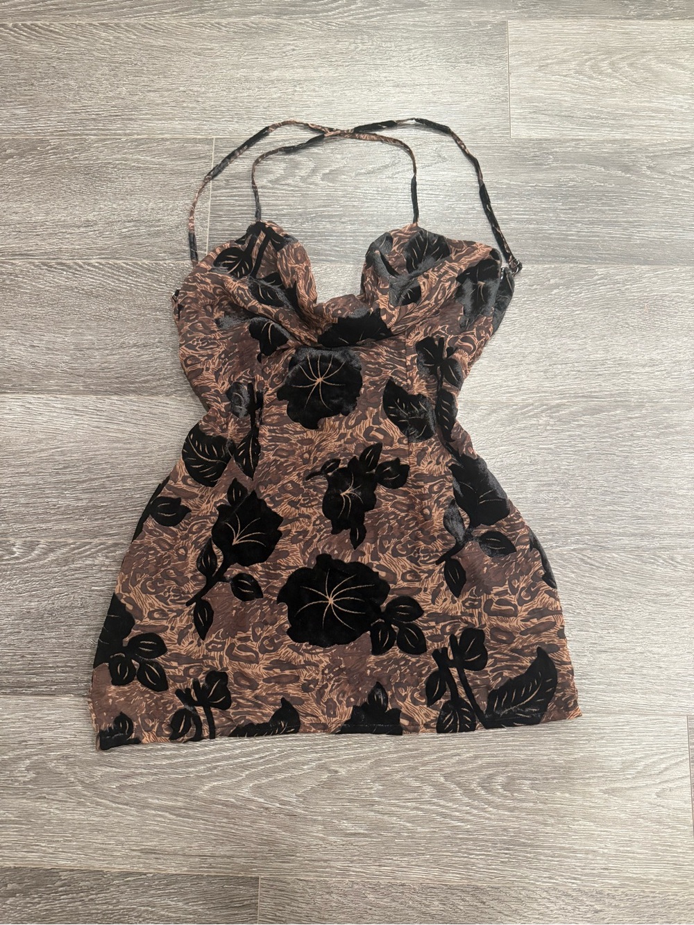 Tiger Mist Brown and Black Floral Cowl Neck Mini Dress
